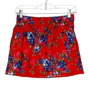 HOLLISTER Floral A-Line Mini Skirt Elastic Waist Lined Cotton Red Blue Sz Small